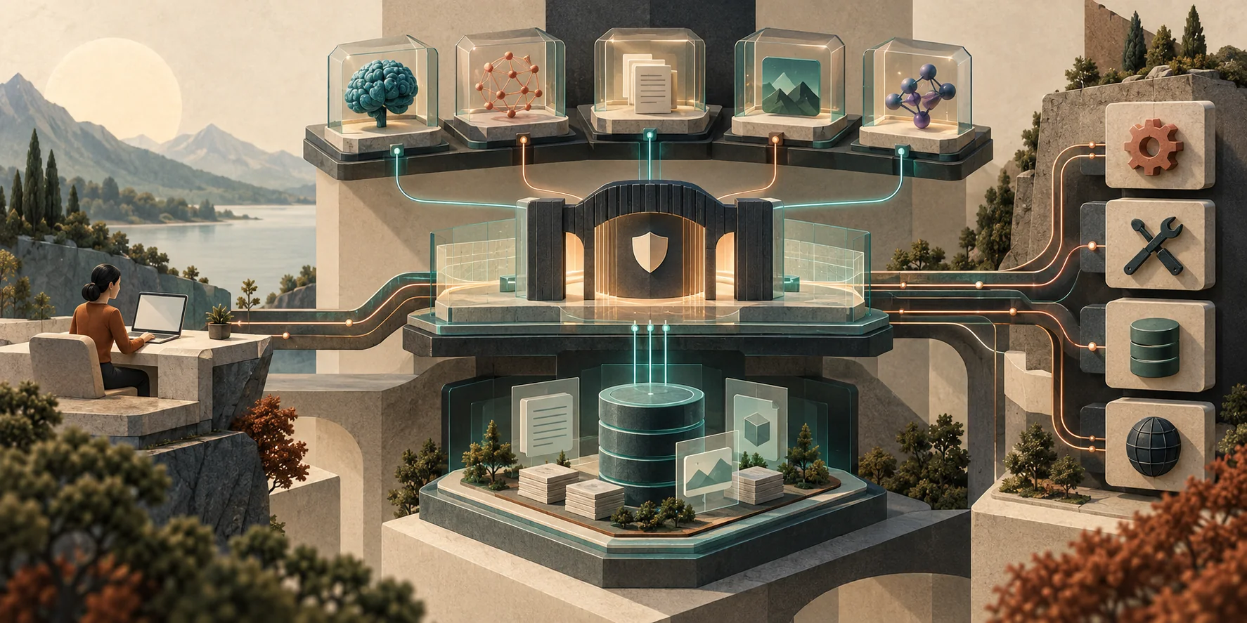 A layered editorial architecture with a governed gateway at its center
