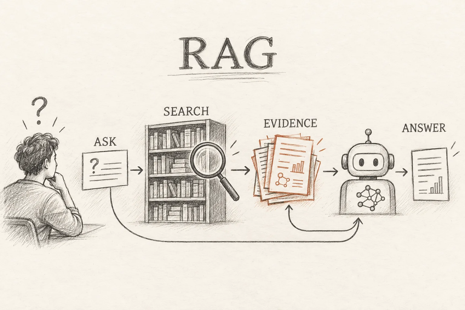 Pencil sketch of a RAG system: a person asks a question, a knowledge library is searched, evidence is retrieved, and a model produces an answer.